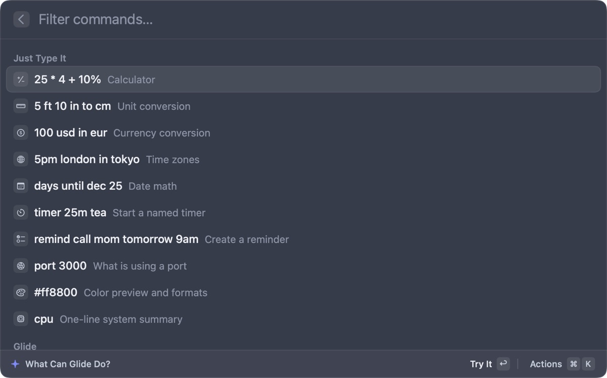 The What Can Glide Do? command list