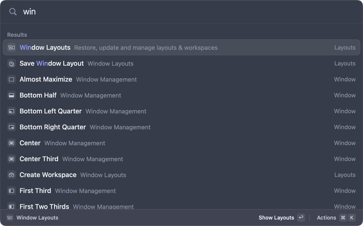 Glide's launcher searching for window commands