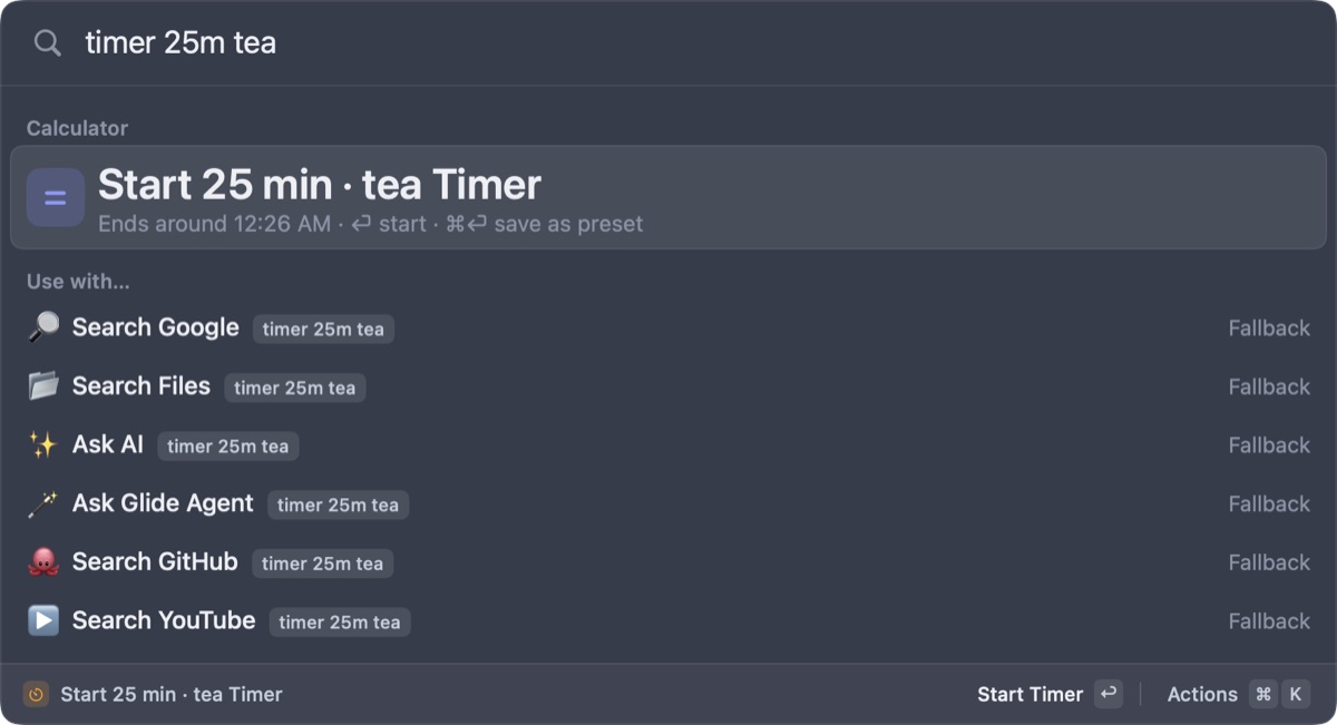 Glide starting a 25 minute tea timer